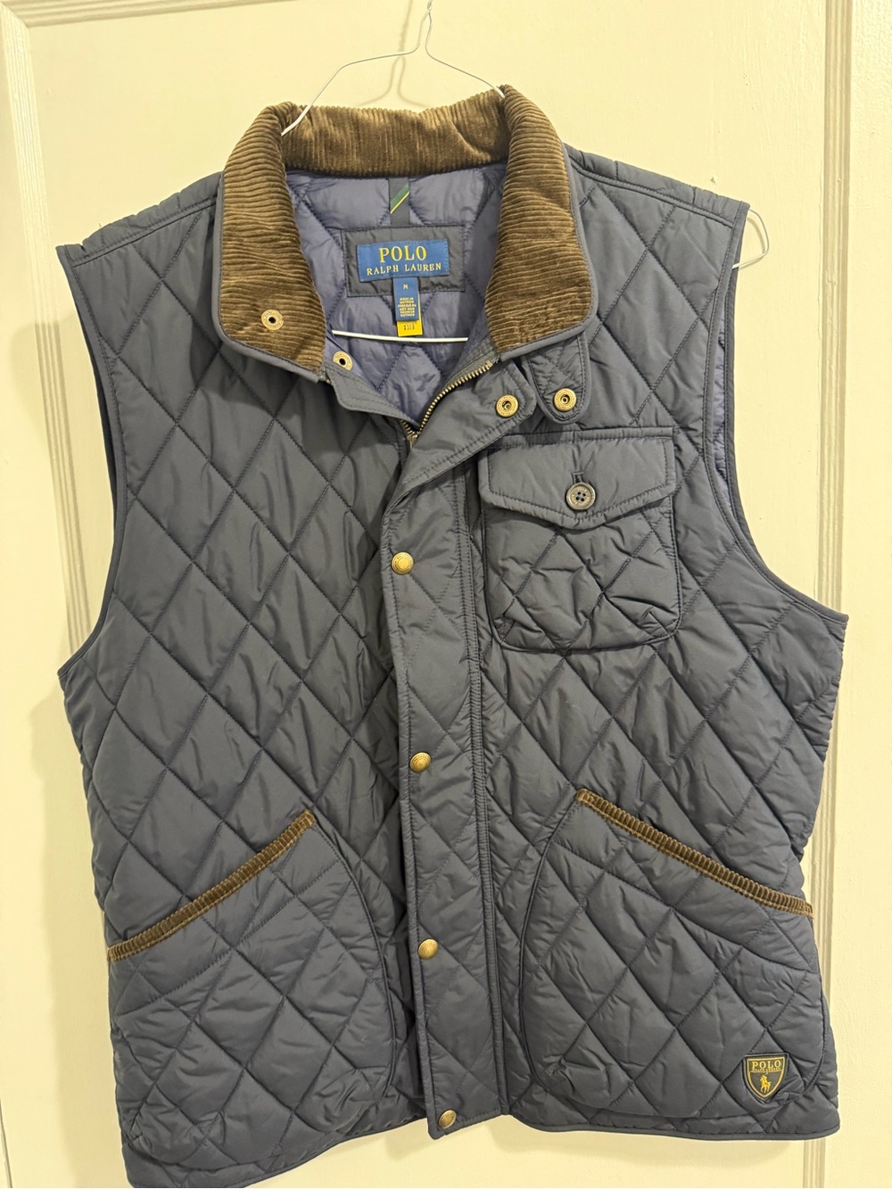 Polo by Ralph Lauren Quilted Blue Vest with Brown Corduroy Collar